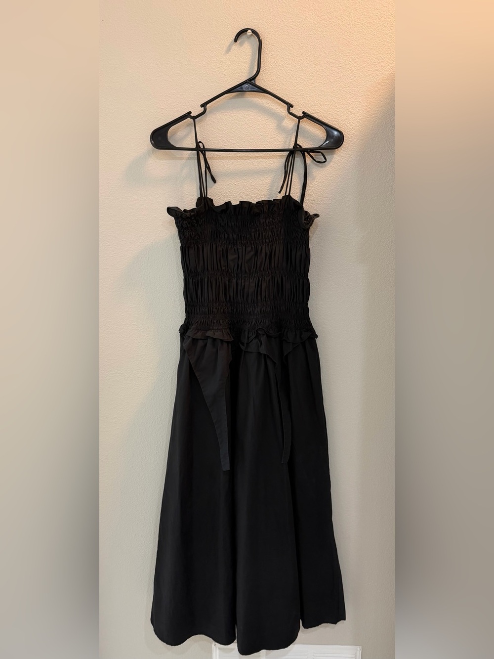 Smocked Tie-Shoulder Black Midi Dress